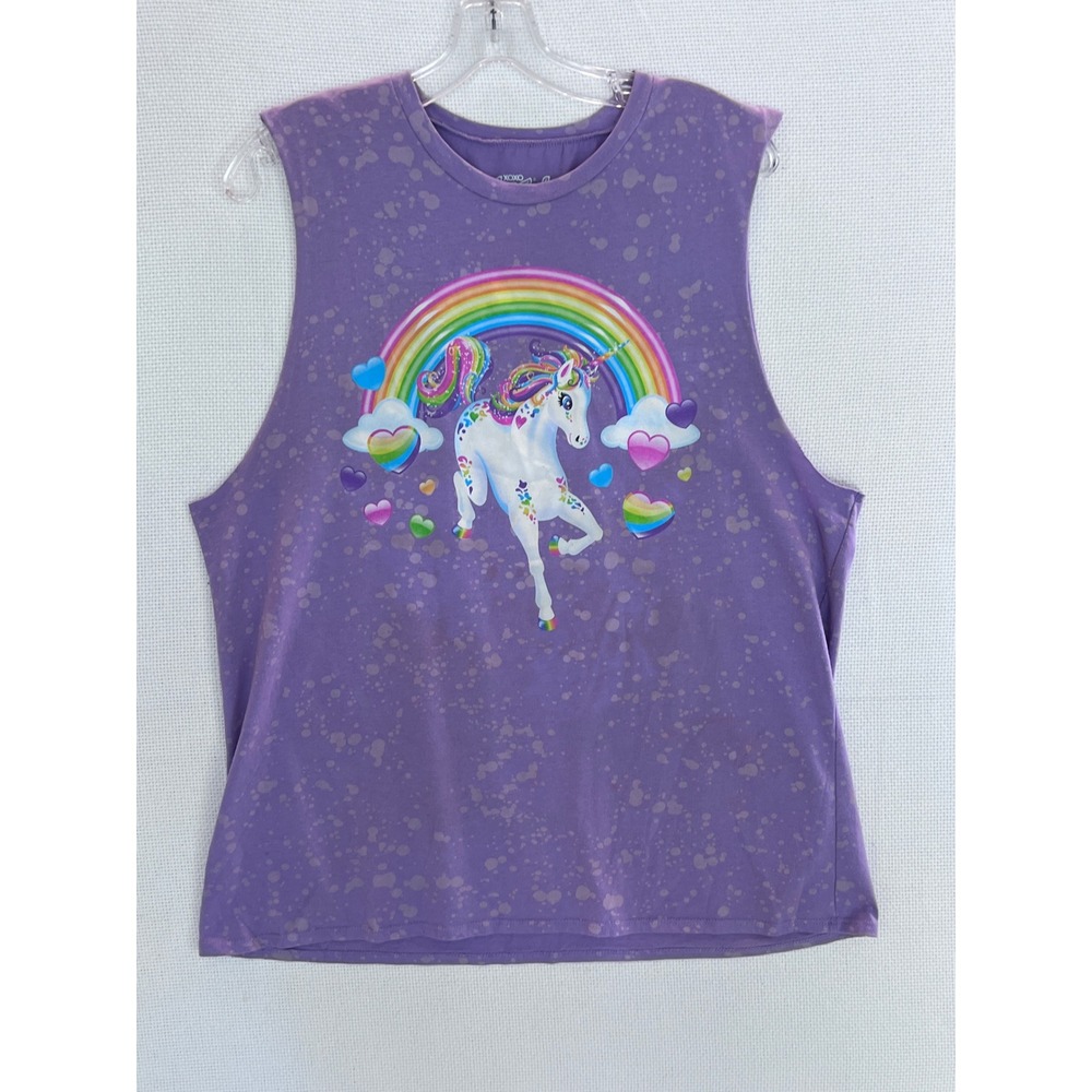 Lisa Frank XOXO Purple Unicorn Rainbow Muscle Tank Top 2X Acid Wash Graphic